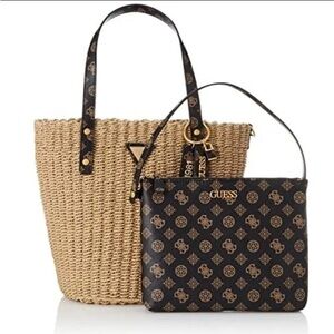 NWOT-GUESS-BROWN LILICA TWO PIECE WOVEN STRAW BAG